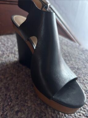 Michael Kors Black Leather Peep-Toe Wedge Sandals